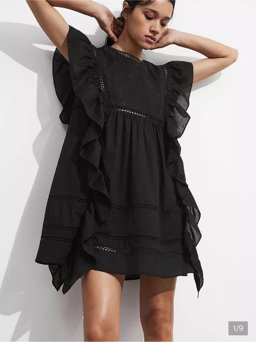 NWOT - & Other Stories Embroidered Ruffle Mini Dress in Black